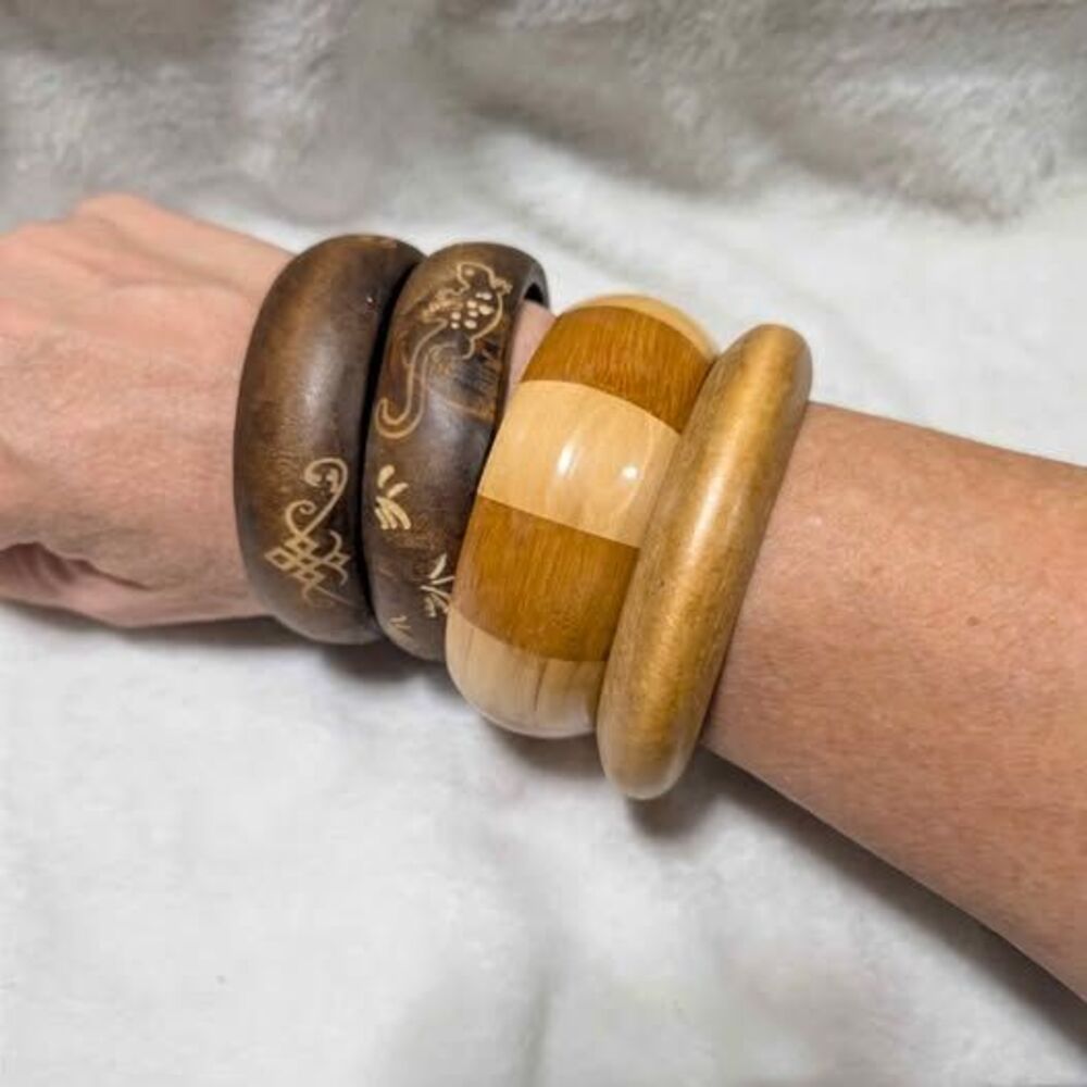 4pc Boho Wooden Bangle Bracelet Set Carved Gecko Celtic Knot Mixed Wood